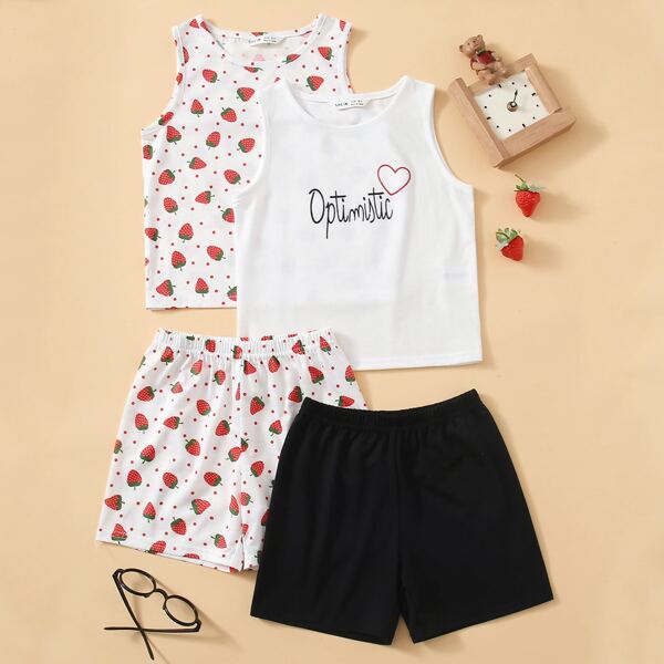 

2 майка и 2 шорты с текстовым принтом и узором клубники для девочек, Многоцветный