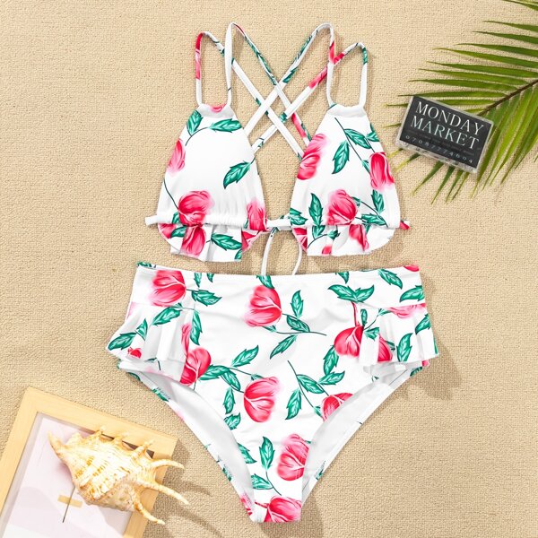 

Floral Ruffle Triangle Bikini Swimsuit, Multicolor