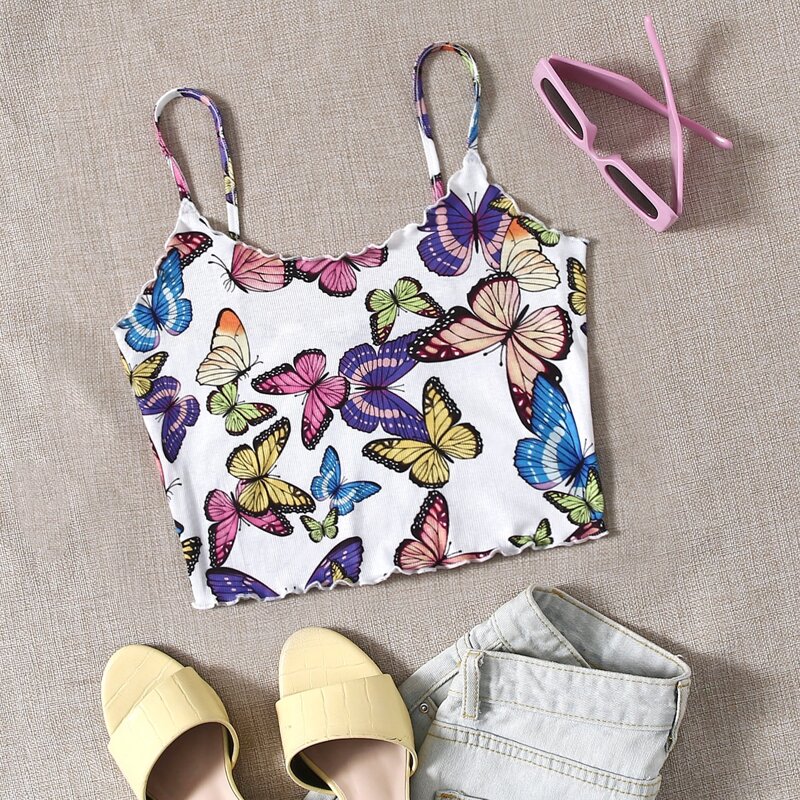 

Butterfly Print Lettuce Trim Cami Top, Multicolor