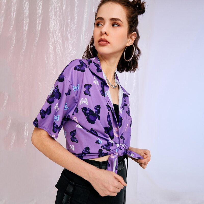 

Butterfly Print Button Front Blouse, Multicolor