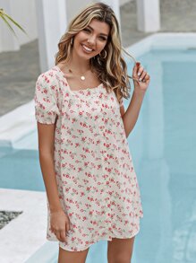 Ditsy Floral Square Neck Button Up Dress
