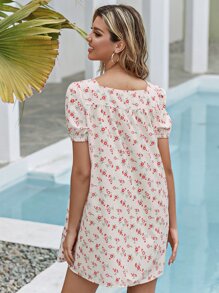 Ditsy Floral Square Neck Button Up Dress