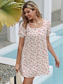 Ditsy Floral Square Neck Button Up Dress