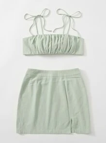 Soleia Knot Shoulder Tie Back Ruched Bust Crop Cami Top & Split Hem Skirt Set - Mint Green - View 3