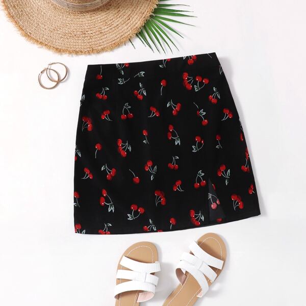 

Allover Cherry Print Zipper Back Split Hem Skirt, Black