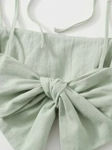 Soleia Knot Shoulder Tie Back Ruched Bust Crop Cami Top & Split Hem Skirt Set - Mint Green - View 4