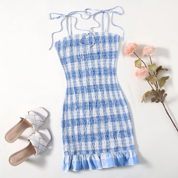 

Knot Shoulder Ruffle Hem Shirred Gingham Dress, Blue and white
