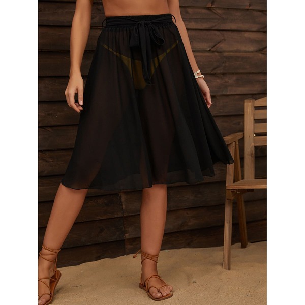 

Knot Waist Mesh Beach Skirt, Black