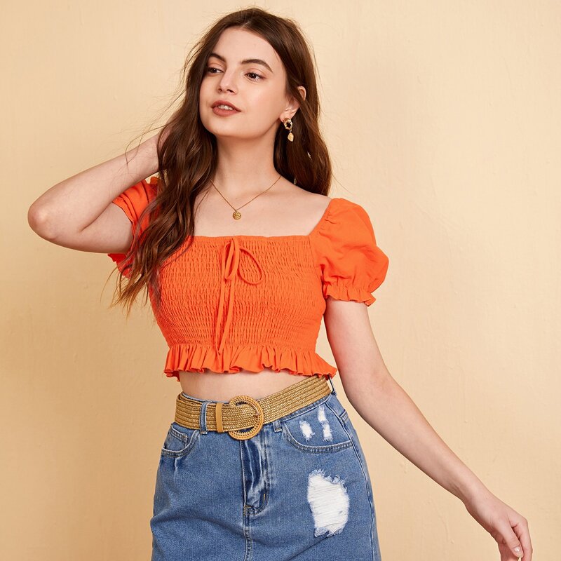 

Puff Sleeve Shirred Ruffle Hem Crop Top, Orange