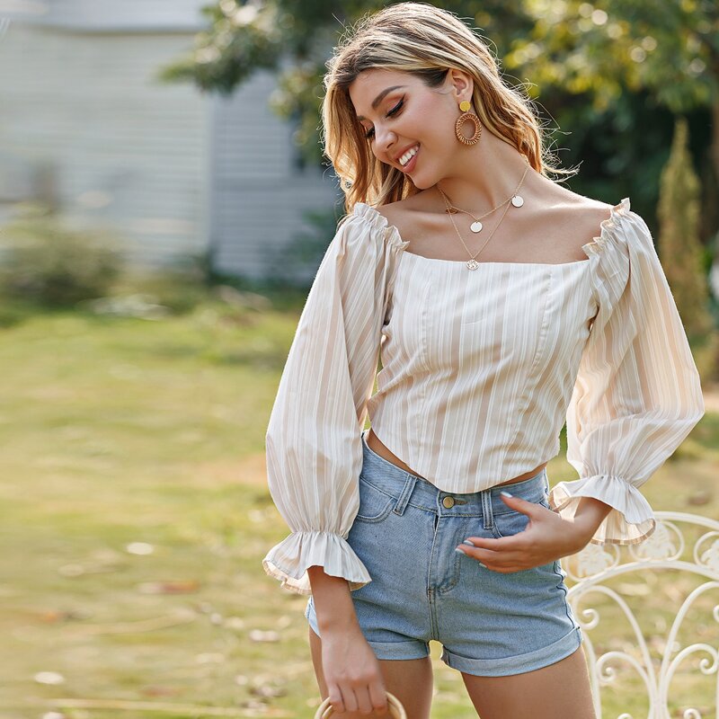 

Striped Print Square Neck Flounce Sleeve Crop Blouse, Multicolor