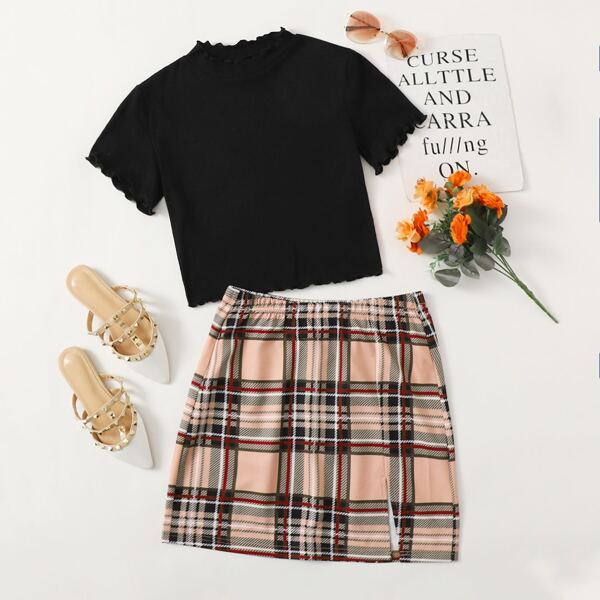 

Lettuce Trim Rib-knit Tee & Plaid Split Skirt Set, Multicolor