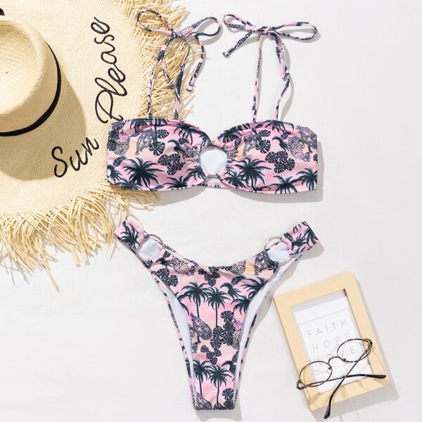 

Palm Tree Print Ring Linked Bikini Swimsuit, Multicolor