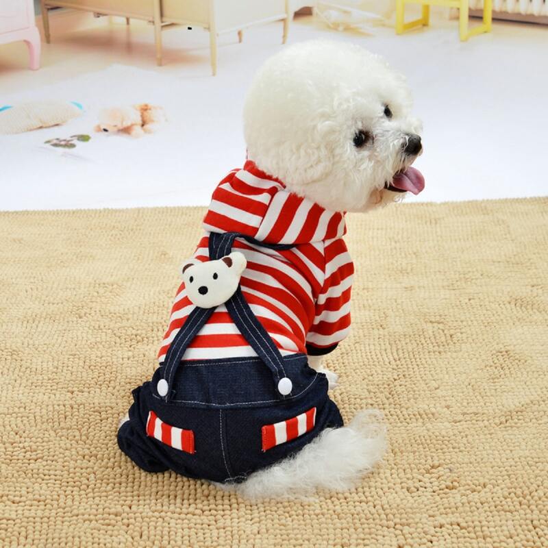 

1pc Dog Striped Hooded Jumpsuit, Red