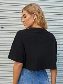 SHEIN EZwear Blusa Manga Curta Canelada - Black - View 2