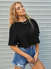 SHEIN EZwear Blusa Manga Curta Canelada - Black - View 3