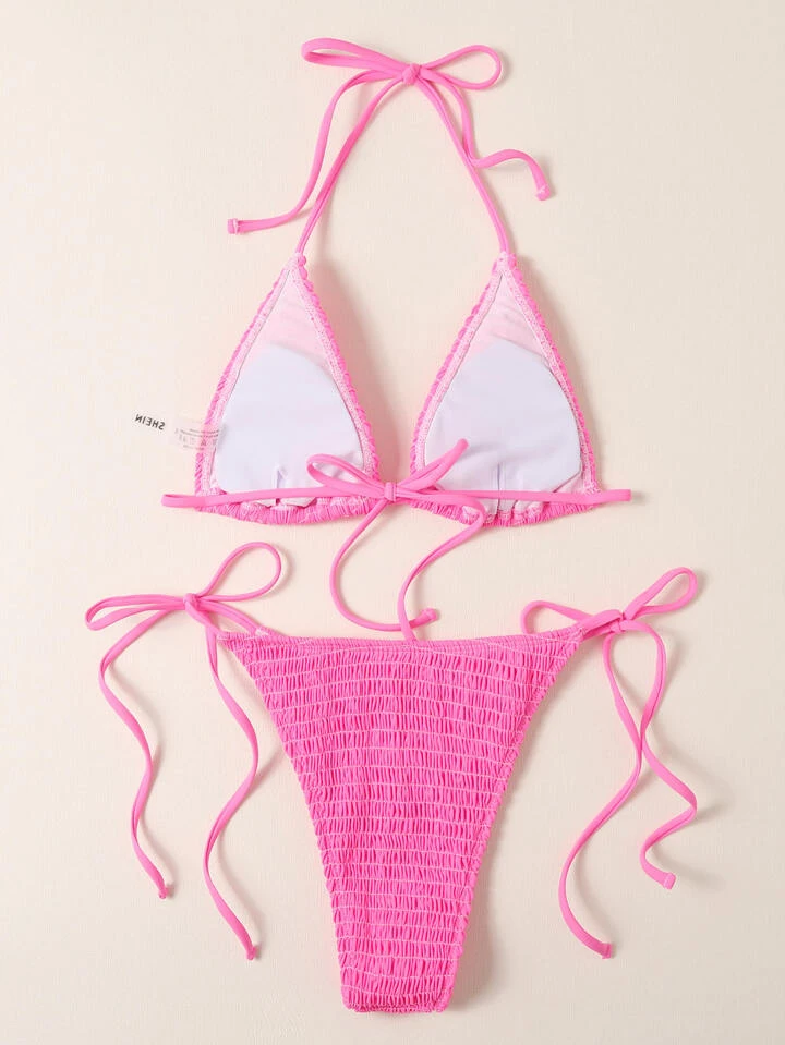 smocked micro triangle tie side bikini swimsuit