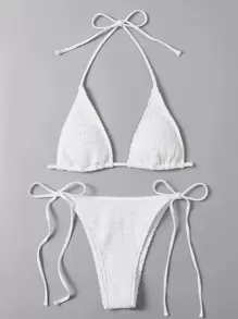 Bonvoyette Summer Beach Mono Bikini Set Smocked Micro Triangle Bra & Tie Side Bottom 2 Pieces Bikini - White - View 3