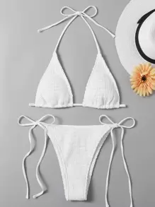 Bonvoyette Summer Beach Mono Bikini Set Smocked Micro Triangle Bra & Tie Side Bottom 2 Pieces Bikini - White - View 6