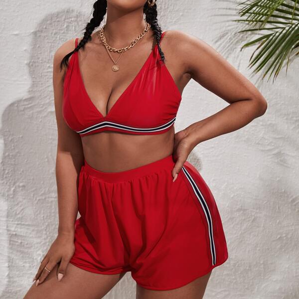 

3pack Plus Striped Trim Bikini Swimsuit & Shorts, Red