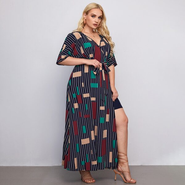 

Plus Split Thigh Stripe Belted Dress, Multicolor