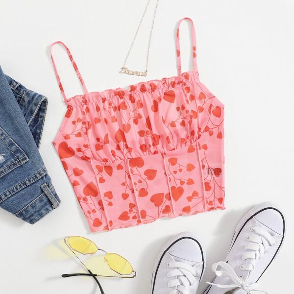 

Ruched Bust Heart Print Cami Top, Watermelon pink