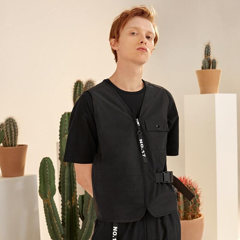 

Guys Tape Detail Buckle Strap Zip Up Jacket, Black