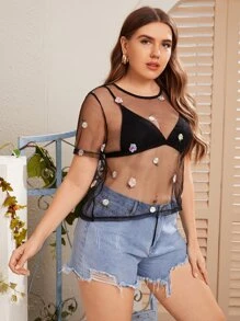 Plus Sheer Embroidery Mesh Top Without Bra - Black - View 1