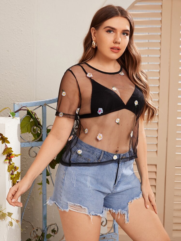 Top de malla con bordado transparente sin sujetador - Negro - Añade 1