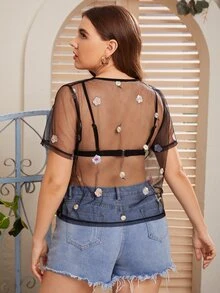 Plus Sheer Embroidery Mesh Top Without Bra - Black - View 2