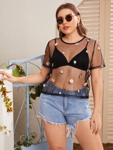Plus Sheer Embroidery Mesh Top Without Bra - Black - View 4