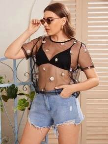 Plus Sheer Embroidery Mesh Top Without Bra - Black - View 5