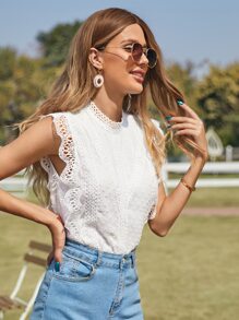 SHEIN Frenchy Mock Neck Lace Trim Keyhole Back Swiss Dot Top Summer White - White - View 1