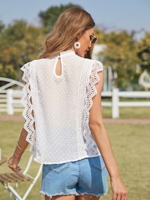 SHEIN Frenchy Mock Neck Lace Trim Keyhole Back Swiss Dot Top Summer White - White - View 2