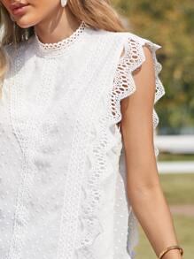 SHEIN Frenchy Mock Neck Lace Trim Keyhole Back Swiss Dot Top Summer White - White - View 3