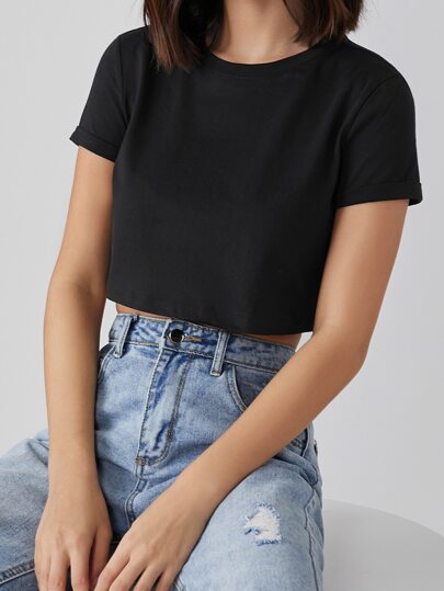 Cuffed Sleeve Solid Crop Tee