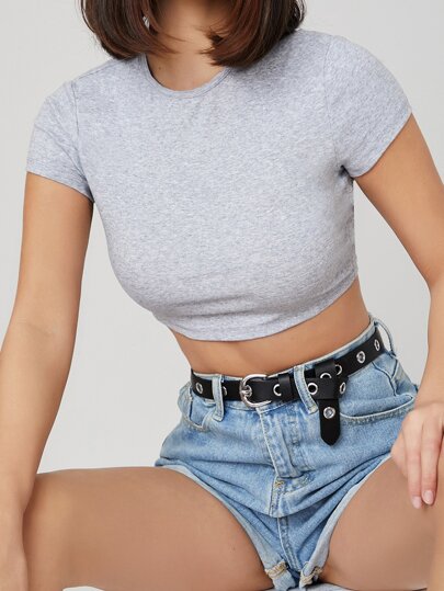 Women's Solid Color Round Neck Short Sleeve Crop Fit T-Shirt