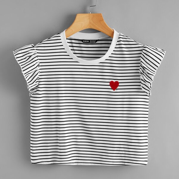 

Heart Embroidery Stripe Ruffle Cuff Tee, Black and white