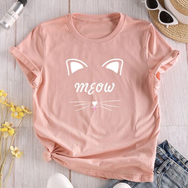 

Cartoon And Letter Graphic Tee, Coral pink