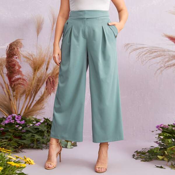 

Plus Fold Pleated Wide Leg Pants, Mint green