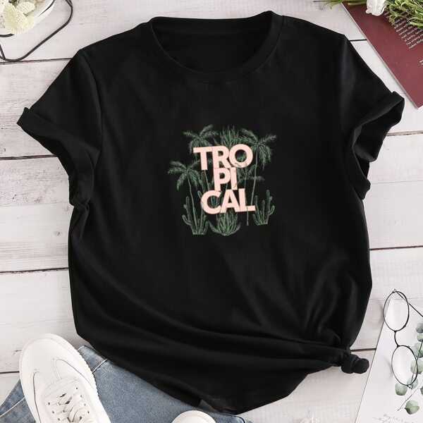 

Tropical & Letter Graphic Tee, Black