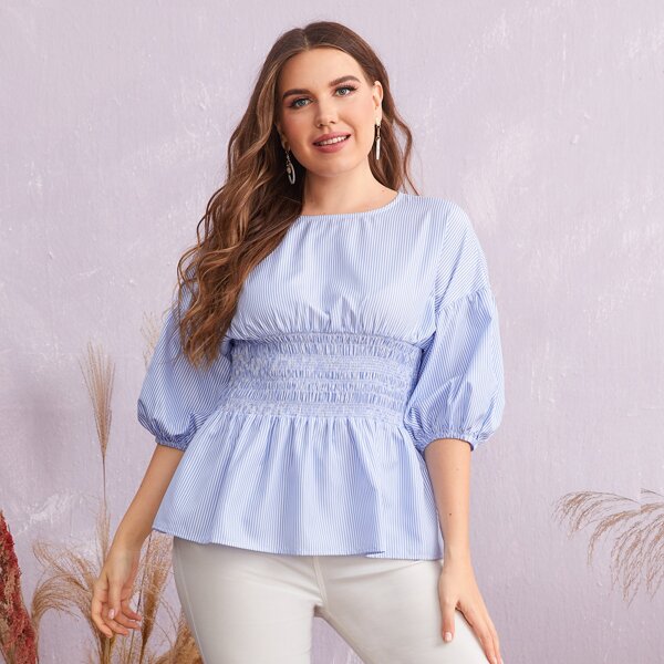 

Plus Striped Shirred Waist Peplum Top, Blue and white