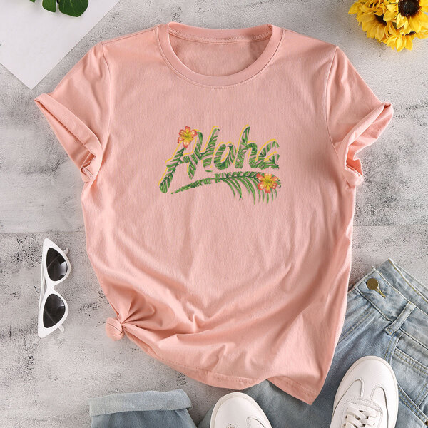 

Tropical & Letter Graphic Tee, Coral pink