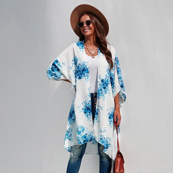 

Graphic Print Batwing Sleeve Kimono, Blue and white