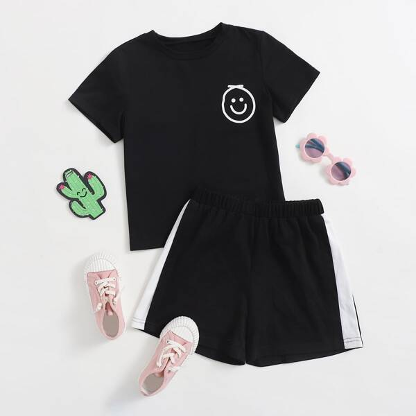 

Girls Cartoon Graphic Tee & Panel Shorts, Black