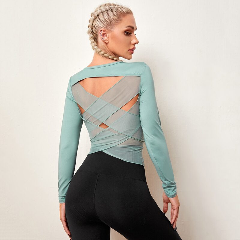 

Contrast Mesh Criss Cross Back Sports Tee, Mint green