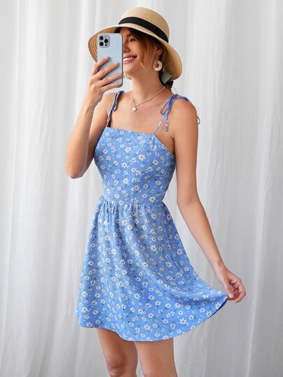 فستان كامي مزهر مدرز خلفي بحزام معقود