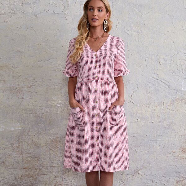 

Allover Print Dual Pocket Dress, Red and white