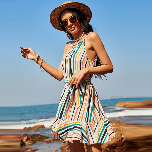 

Striped Tie Back Ruffle Hem A-line Dress, Multicolor