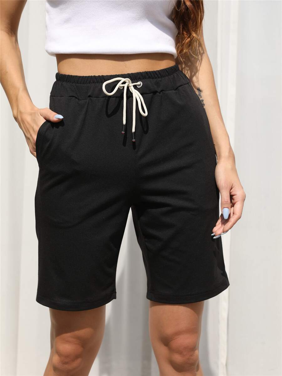 Flirla Drawstring Waist Slant Pocket Shorts - Black - View 1