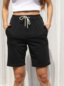 Flirla Drawstring Waist Slant Pocket Shorts - Black - View 5
